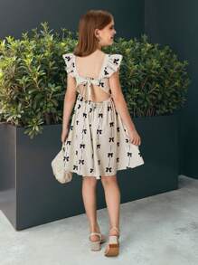 SHEIN Tween Girls Backless Bowknot Cap Sleeve Cinched Waist Casual Dress, Fashionable For Daily Wear And Outings Girls Bow Dress - White - View 3