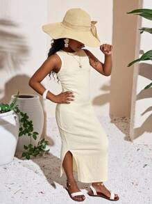 SHEIN Tween Girls' Sleeveless Midi Knit Dress, Elegant For Vacation, Commute & Street Fashion, Apricot Girls Midi Dress Girls Sleeveless Dress Girls Casual Dress Kids Midi Dress - Apricot - View 1