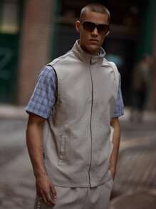 Musero Chaqueta de hombre sin mangas con cremallera estilo cinta con eslogan, detalles ocultos de cremallera, para verano y primavera, ideal para vacaciones