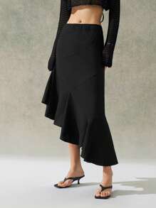 LYSMO 2025 New Arrival Spring-Summer Women's High-End Fashion Black Linen-Textured Midi Skirt Featuring A Ruffled Hem With Asymmetric Design. Perfect For Elegant, Fashion-Forward Styling, And Chic Everyday Office Wear