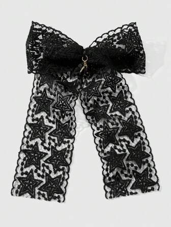 Kawaii 1 pieza Clip de pelo con estrella de malla negra, estilo gótico retro, con lazo y cristales, adecuado para uso diario de mujeres/damas, regalo para vacaciones, Halloween