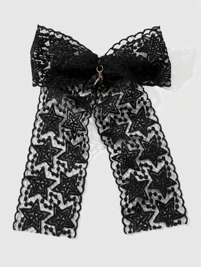 Kawaii 1pc Retro Gothic Style Black Mesh Star Bowknot Rhinestone Hair Clip, Suitable For Women/Ladies Daily Wear, Holiday Gift, Halloween
