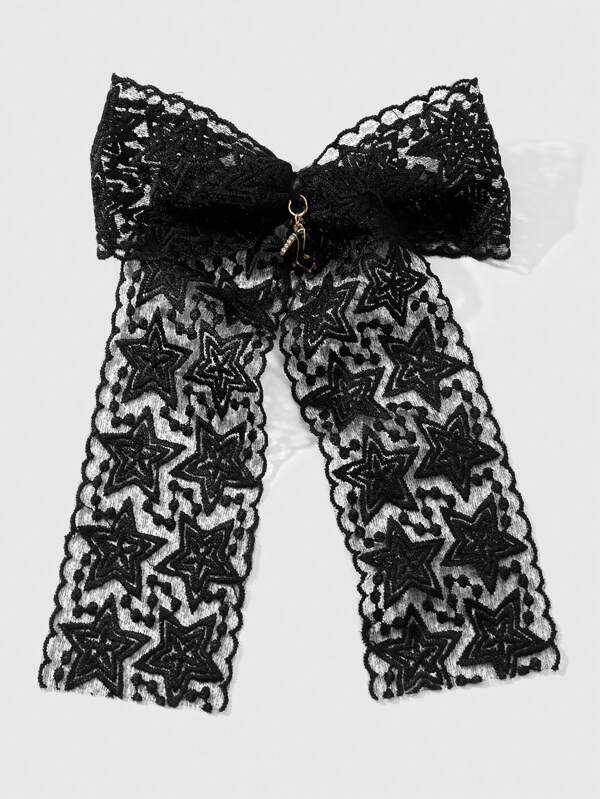 ROMWE Kawaii 1pc Retro Gothic Style Black Mesh Star Bowknot Rhinestone Hair Clip, Suitable For Women/Ladies Daily Wear, Holiday Gift, Halloween