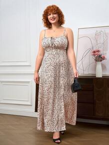 SHEIN Tall CURVE Plus Size Summer Vacation Ditsy Floral High Slit Spaghetti Strap Dress,Sundress - Apricot - View 3