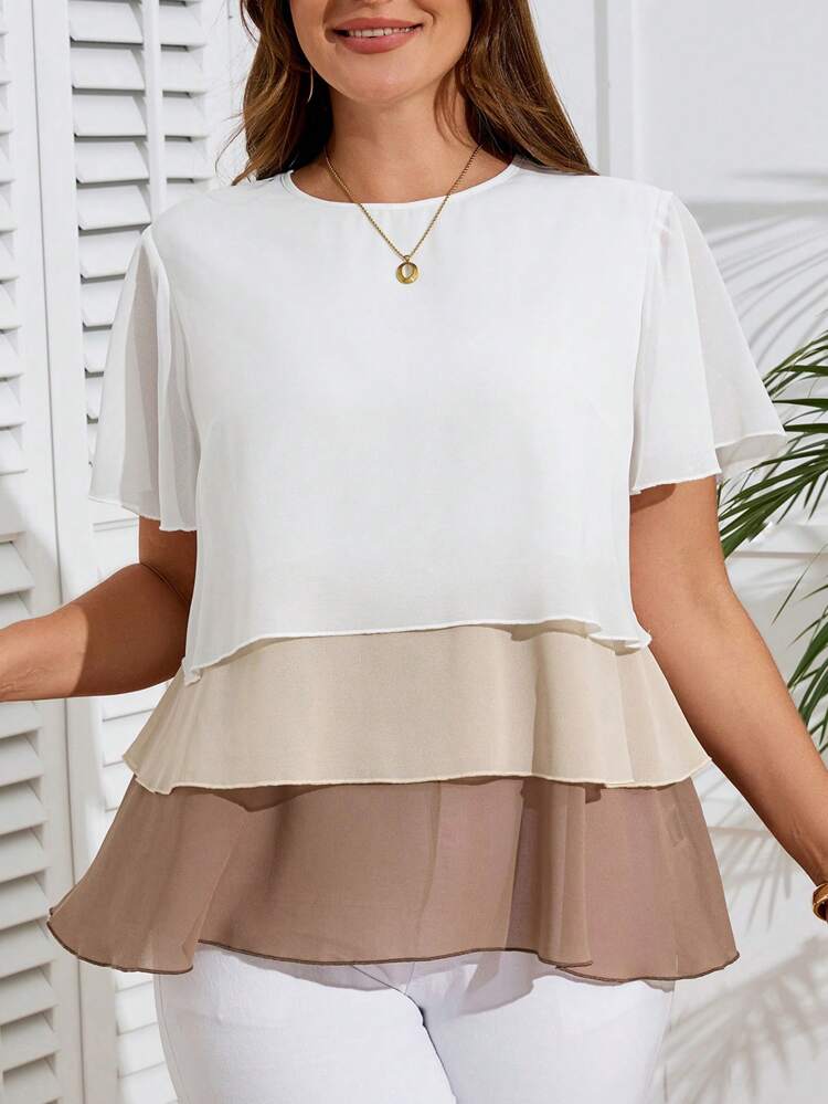 Plus Size Women's Summer Contrast Color Round Neck Ruffle Sleeve Casual Blouse,Tunic Top,Going Out Tops Women,Summers For Women,Country Concertbohemian Clothes,Countrys Women,Teachers For Women,All White Party Women,Business Casual Women,Fall Women Clothes Flowy Tunic Top Chiffon Blouses For Women Tops For Women Elegant Tiered Chiffon Top