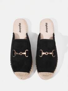 Styleloop Women's Fashion Black Metal Horse Bit Slip-On Mules, Linen Rope Toe, Flat Casual Loafers Suitable For Commuting, Vacation And Shopping