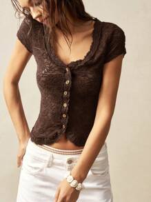 Bohemela 女士纯色针织蕾丝花边 V 领修身衬衫 - 棕色 - 查看 3