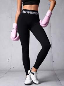 SHEIN Sports Women's Letter Print High Waist Casual Sports Leggings, Back To School Outfits, Graduation, Back To School, Solid Elastic High Waist Leggings, Gym, Workout,  Leggings For Daily Wear , Active, Workout, Gym, Padel, Tennis, Pickleball - Black - View 1