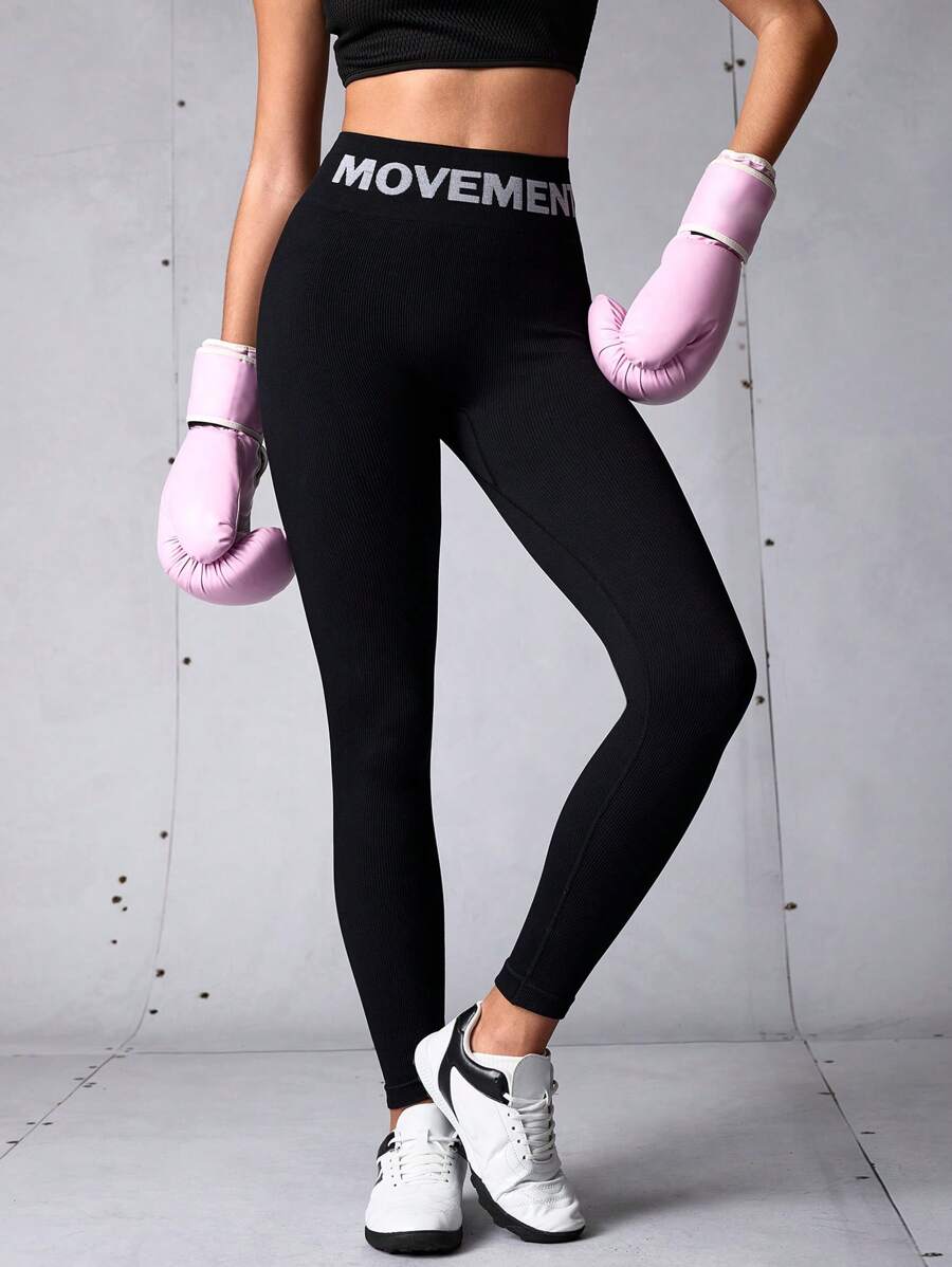 SHEIN Sports Women's Letter Print High Waist Casual Sports Leggings, Back To School Outfits, Graduation, Back To School, Solid Elastic High Waist Leggings, Gym, Workout,  Leggings For Daily Wear , Active, Workout, Gym, Padel, Tennis, Pickleball - Black - View 1