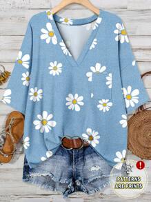 EMERY ROSE 加大码 V 领碎花口袋 T 恤，休闲百搭，适合夏季