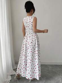 Elenzga 2025 新款夏季度假花卉印花松紧腰宽松优雅圆领无袖连衣裙 - 紅色 - 查看 2