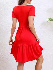 SHEIN Casual Solid Color Short Sleeve Mini Dress, Versatile For Summer - Red - View 2