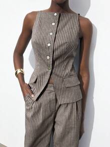 Maija 2025 Autumn/Winter New Striped Exposed Shoulder Spaghetti Strap Front Open Single-Breasted Women's Suit Jacket & Top, Modern Elegant Urban Romantic Refined Minimalist Y2K Country Music Festival Vintage Korean Airport Travel Street Style Wedding Guest Birthday Party Business Casual Office Date Party Outgoing Airport Back To School Fall/Winter Women's