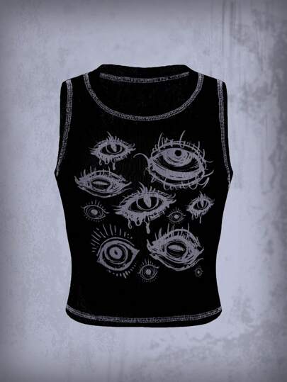 Goth Parte superior de tirantes de mujer versátil con bloqueo de color e impresión de ojo, estilo callejero casual punk