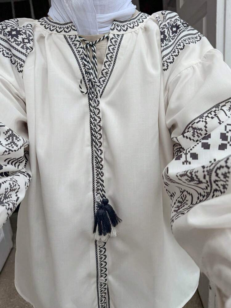 V-Neck Tie Lantern Sleeve Floral Pattern Casual Fashion Blouse, New Loose Fit Women Top Modest Fashion