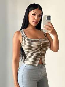 SHEIN SXY Women's Summer Casual Crochet Square Neck Striped Tank Top, Button Down Top, Striped Top, Fitted Top, Summer Tops - Multicolor - View 4