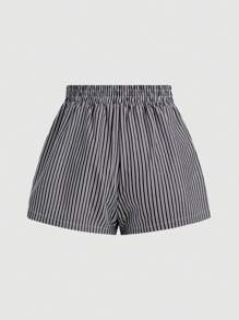 SHEIN PETITE CURVE Shorts casuales de mujer con cintura elástica con estampado de rayas y letras suelto