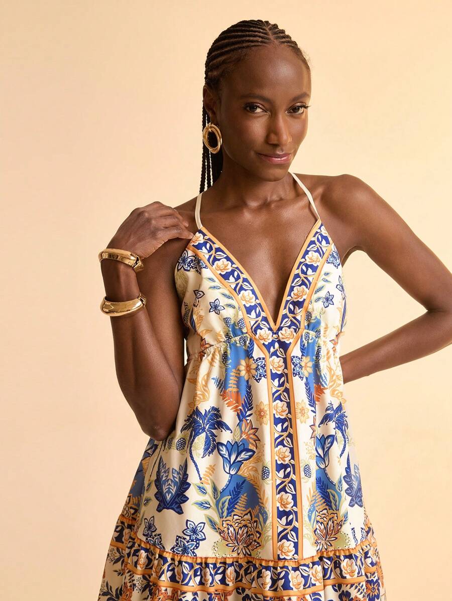 CAJUNI Sommerliches Lässig Kleid mit V-Ausschnitt und Spaghettiträgern, kurzes Mini-Kleid mit Muster für Frauen, Sommer