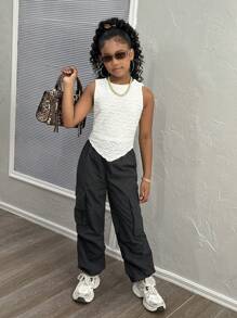 Top sin mangas con diseño bordado texturizado para niñas preadolescentes, de moda y versátil para uso casual diario - Blanco - Ver 2