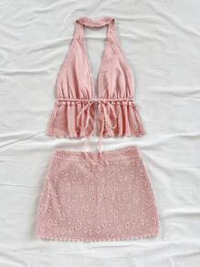 Soleia 两件套黄色纹理面料拼接荷叶边露背裹腰女式度假/派对夏季服装，适合音乐节，波西米亚风格 - 粉色 - 查看 2