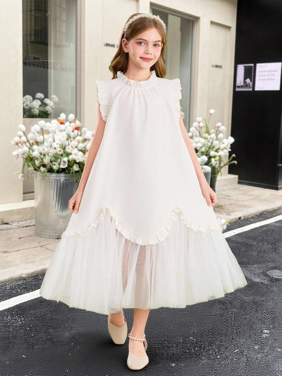 SHEIN Vestido de niña preadolescente con paneles de malla, volantes en el bajo y patchwork de unicolor tejido, elegante, apto para bodas, vestido de niña de las flores - Blanco - Ver 1