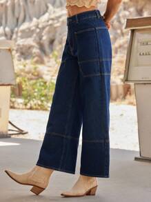 WESTFADE Pantalones vaqueros de tiro alto con costuras occidentales, pernera ancha, 91% algodón, pantalones de servicio de estilo veraniego western, cowgirl de Nashville, rodeo - Azul lavado oscuro - Ver 5