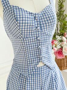 SHEIN Clasi 女士优雅吊带背心，收腰，不对称下摆，正面纽扣装饰上衣和格子松紧腰短裤 2 件套，适合夏季