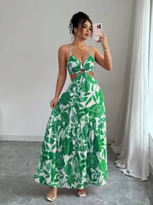 Elenzga Women's Print Waist Fitted Vacation Everyday Commute Spaghetti Strap Midi Dress - Green - View 1