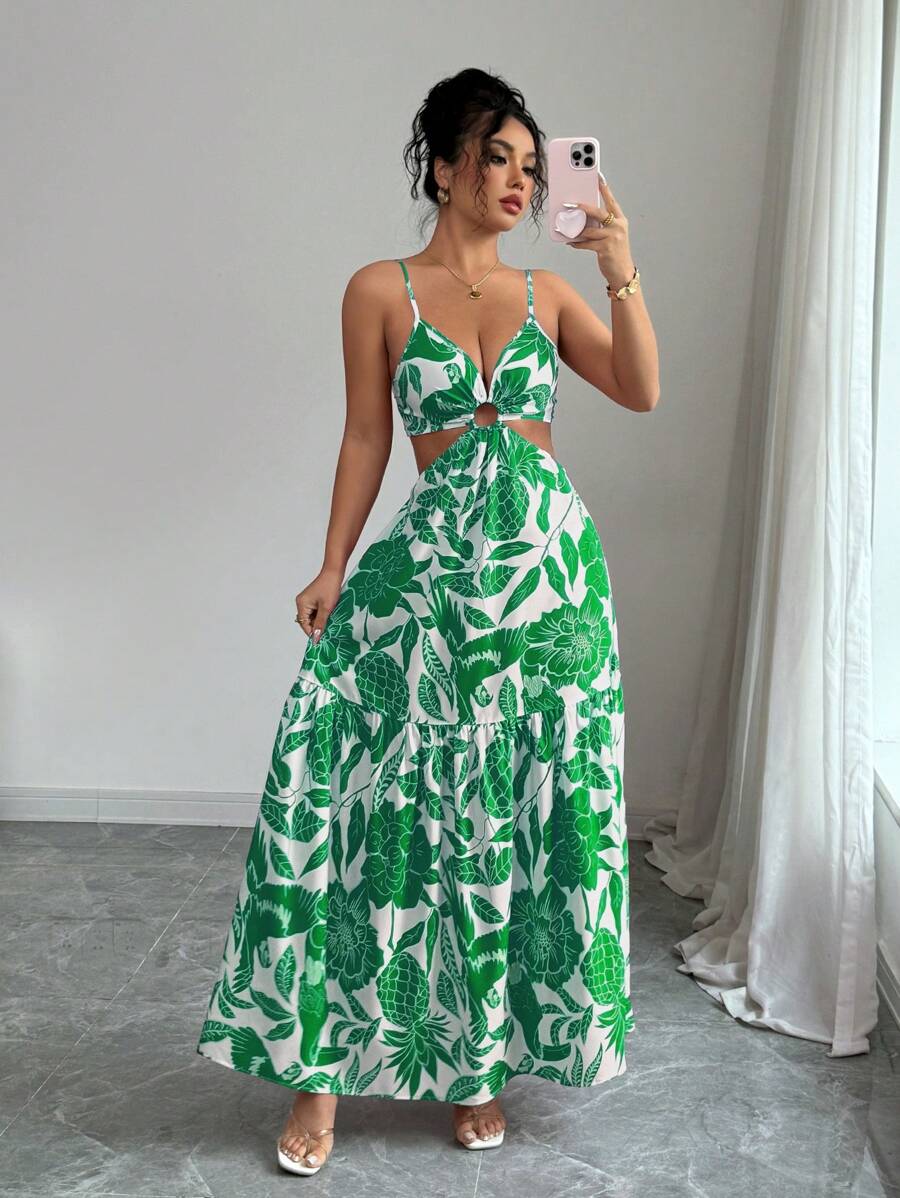Elenzga Women's Print Waist Fitted Vacation Everyday Commute Spaghetti Strap Midi Dress - Green - View 1