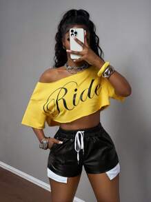 Slaydiva 2025 Spring/Summer New Bohemian Music Festival Easter Casual Everyday Personalized Street Fashion Party Sexy Sweet Cute Y2k Yellow Textured Sweatshirt Fabric Black English Letter Asymmetrical Asymmetrical Neck Short Sleeve Loose Cropped T-Shirt Top Paired With Low Waist Drawstring Waist White Pocket Decor Side Slit Bodycon Hotpants Super Short Shorts Women 2pcs Set - Multicolor - View 5