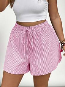 SHEIN VCAY Plus Size Women Loose Casual Elastic Waist Striped Shorts