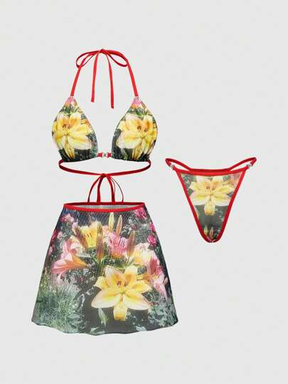 J-Fashion Y2K Lily Floral Print Sexy Lingerie Set