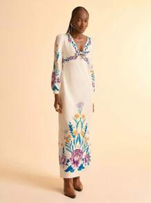 CAJUNI Robe de plage casual à manches longues bouffantes, avec imprimé floral tropical bohème, avec lien à la poitrine, pour vacances