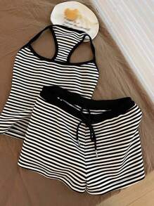 INAWLY 2pcs Women Casual & Romantic Striped Crop Top And Shorts Set