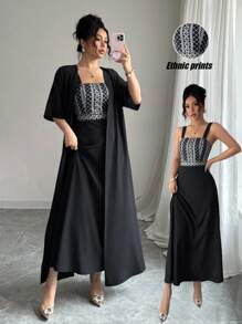 Rafferiza 2 件套女士复古印花吊带背心连衣裙（配腰部束腰夹克）套装 - 黑色 - 查看 1