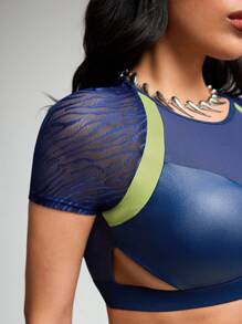 Innovista Innovista Women's Navy Summer Athleisure Gym Crop Top,Contrast Stitching Color Block Backless Sports Shirts,Breathable Mesh Shiny Foil Workout Athletic Clothes - Multicolor - View 9