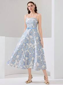 Poshira 女士花卉提花打结腰部吊带鸡尾酒裙（重饰设计） - 藍色 - 查看 7