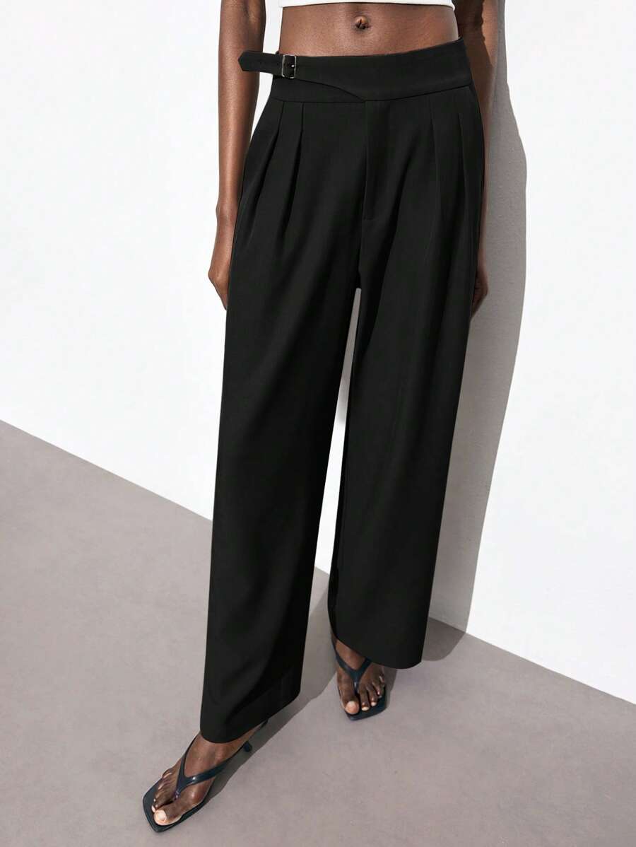 Maija 2025 Winter & Summer New Black Waist Metal Sun Buckle Adjustable Design Side Pockets Wrinkle-Resistant Women's Suit Pants, Chic & Elegant For Party, Urban Commute