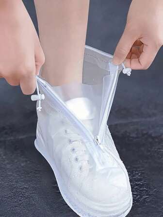 SHEIN 1 Pair White Transparent Plastic Drawstring Waterproof Rain Shoe Covers, Various Sizes,Waterproof And Dustproof Reusable Shoe Covers, Outdoor Accessories, Suitable For School, Office, Home, Travel, Shoe Storage