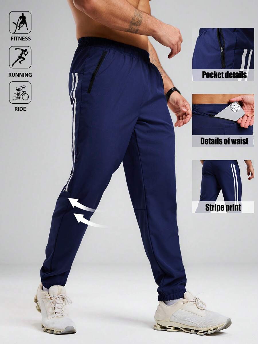 Manfinity Sport Polished Men's Contrast Color Striped Elastic Sports Pants Sweat-Wicking Lightweight Comfortable Running Muscle Minimalist Design Slim Fit For Workout Gymwear Sweat Pants - Royal Blue - View 1