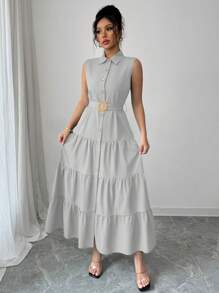 Elenzga Women Casual Solid Color Front Button Long Dress - Grey - View 5