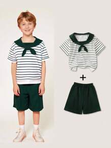 SHEIN Explorewe 2-Piece Set For Young Boys: The Casual Academy-Style Suit Is Comfortable, Fashionable And Versatile, With Soft And Breathable Materials. The Short-Sleeved T-Shirt Features Sporty Stripes, And It Comes With A Pair Of Sporty Shorts. It Is Suitable For Daily Wear, Going To School, Traveling, Doing Sports And Other Occasions, And Is Perfect For The Summer Season. 2025 Back-To-School Season Kids College Outfits And Campus Sportswear - Army Green - View 8
