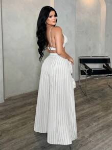 SHEIN SXY 2 件女式条纹露背细肩带上衣和长裤套装，夏季条纹两件套两件套阔腿裤套装条纹阔腿裤两件套女式夏季两件套度假两件套 - 黑與白 - 查看 3