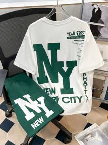 SHEIN 青少年男童休闲宽松舒适百搭印花短袖上衣和短裤套装 - 墨綠色 - 查看 4