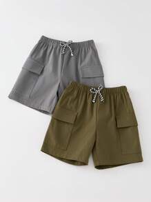 2 Piezas Niño Pantalones cortos cargo sueltos de malla tejida de color simple y versátil, Compre uno y llévese otro gratis, Adecuado para la temporada de primavera y verano - Multicolor - Ver 8