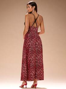 Glamine Rochie cu decolteu în V adânc din dantelă și imprimeu leopard, fără spate, vară - Multicolor - Vizualizare 2