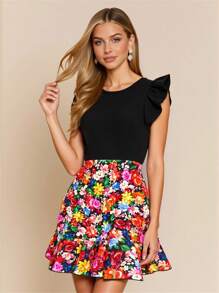 SHEIN Clasi Women Round Neck Floral Printed Color Block Spring Dress,Summer Dresses For Women