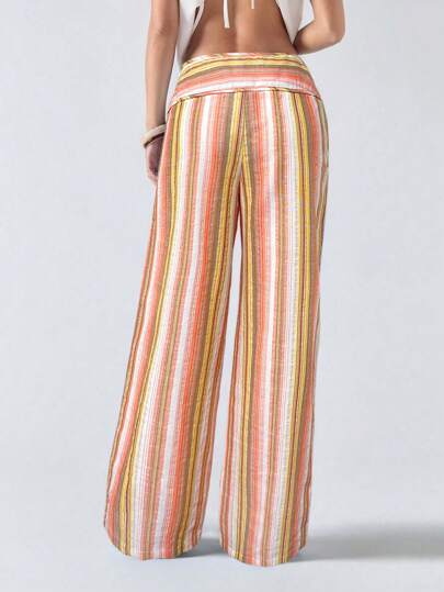 LYSMO Calça comprida feminina listrada com amarração e patchwork