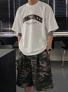 DAZY 男士夏季迷彩字母印花落肩T恤和工装短裤套装 - 彩色 - 查看 5