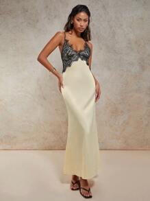 COSMINA Women Contrast Lace Fitted Elegant Sleeveless Dress Summer Dresses For Women